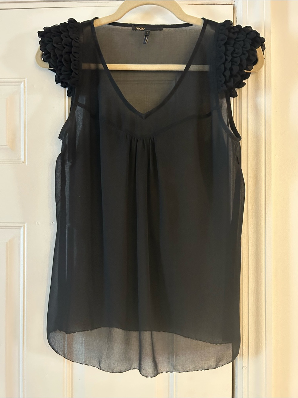 Maje Black Sheer V-Neck Sleeveless Camisole with Sculpted Shoulder Detail
